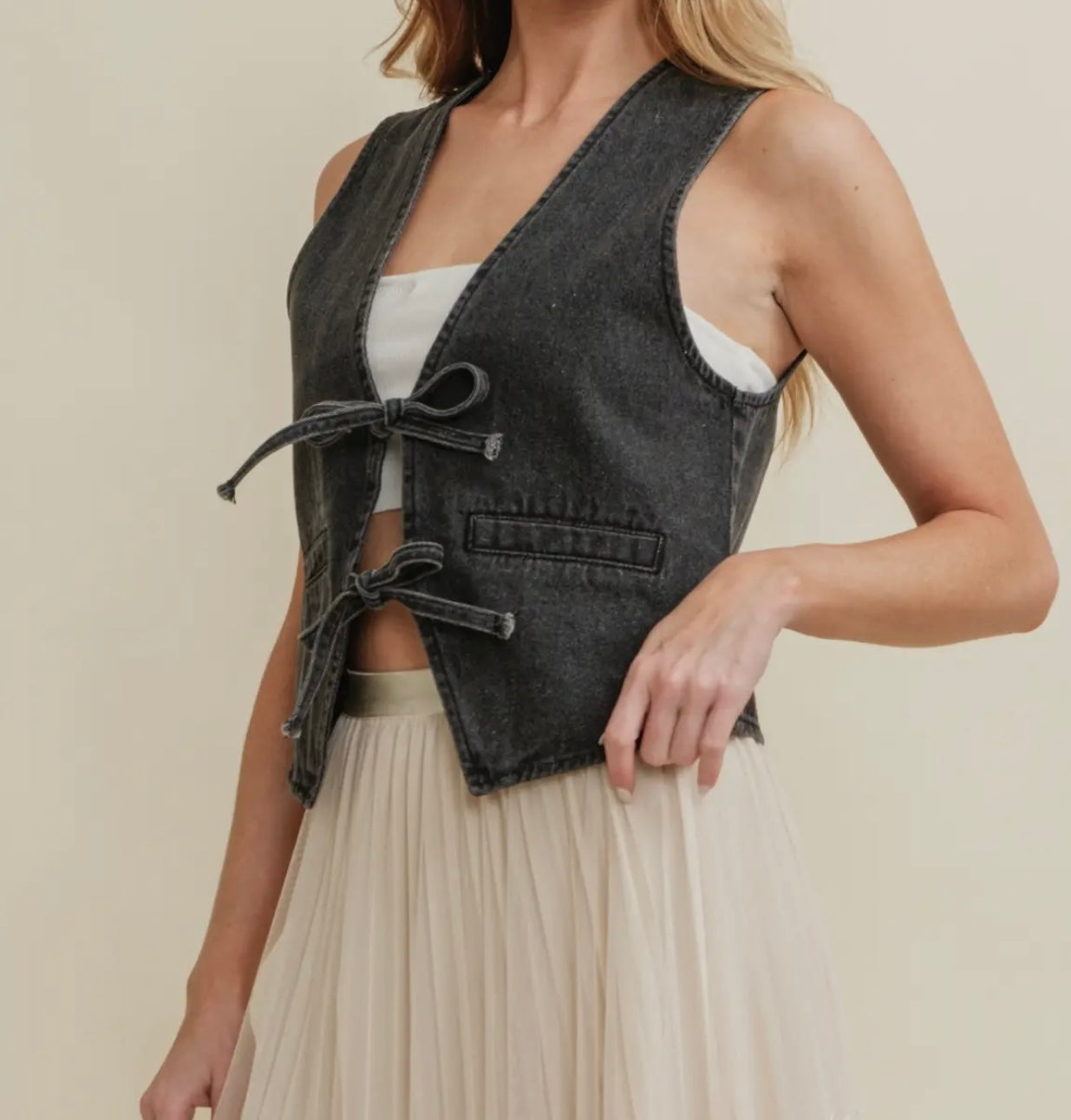 Washed Denim Vest with Front Bow Ties