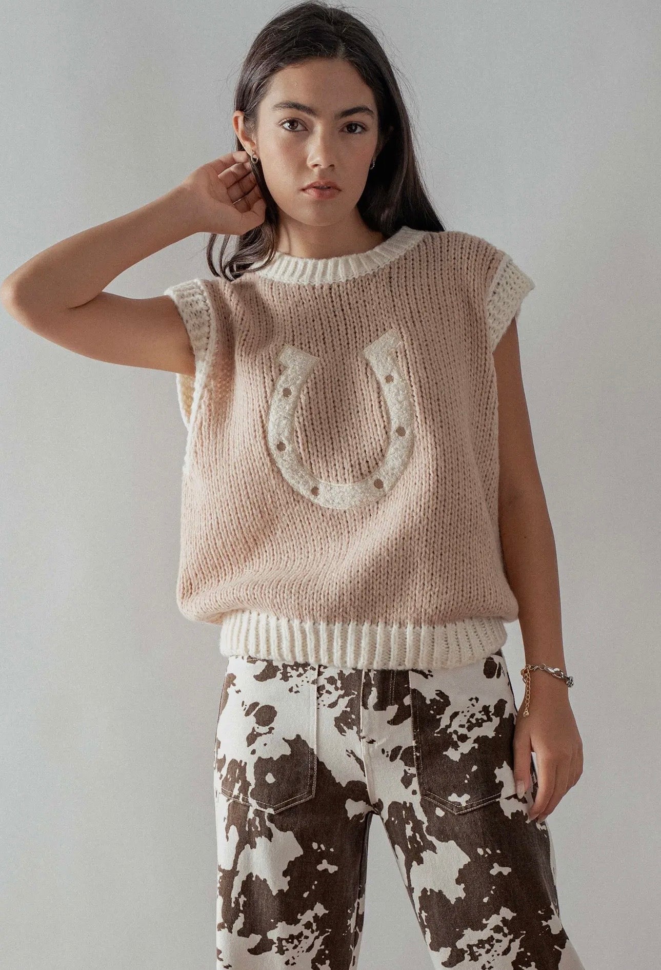 Western Horseshoe Crochet Knit Sweater Vest - Mocha