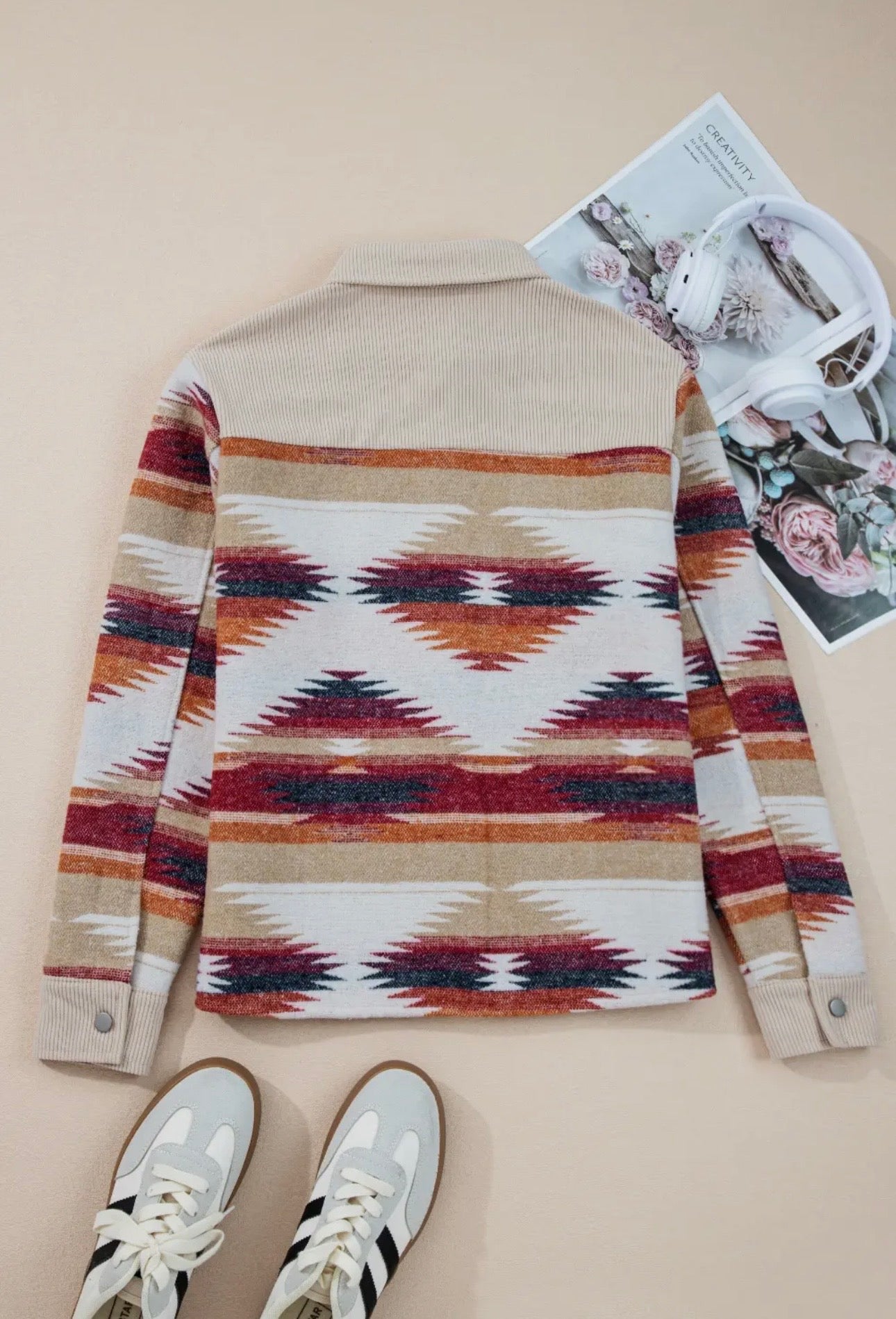 Western Aztec Striped Patchwork Raw Hem Shacket