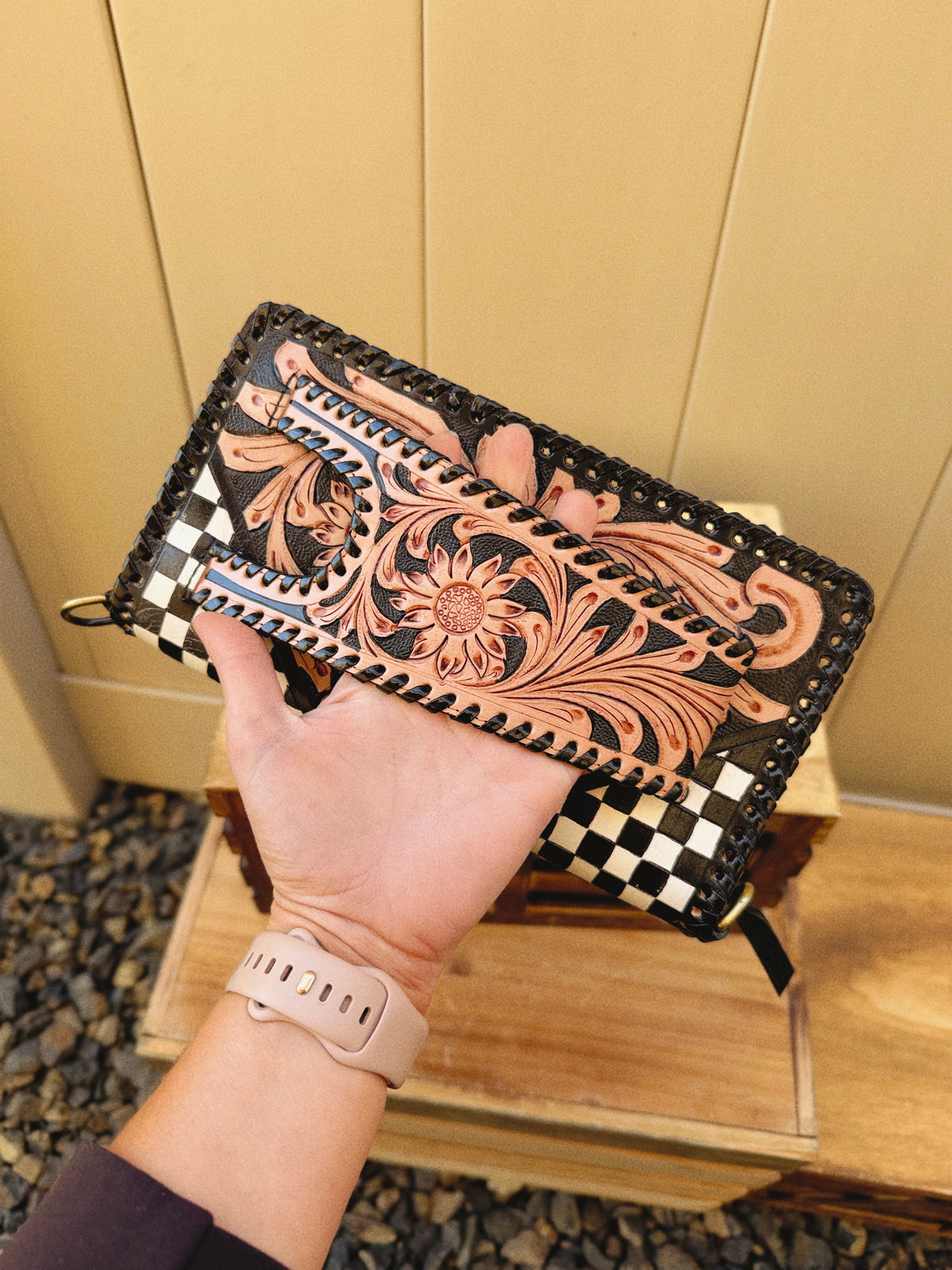 Wildcard Checkered Tooled Leather Clutch