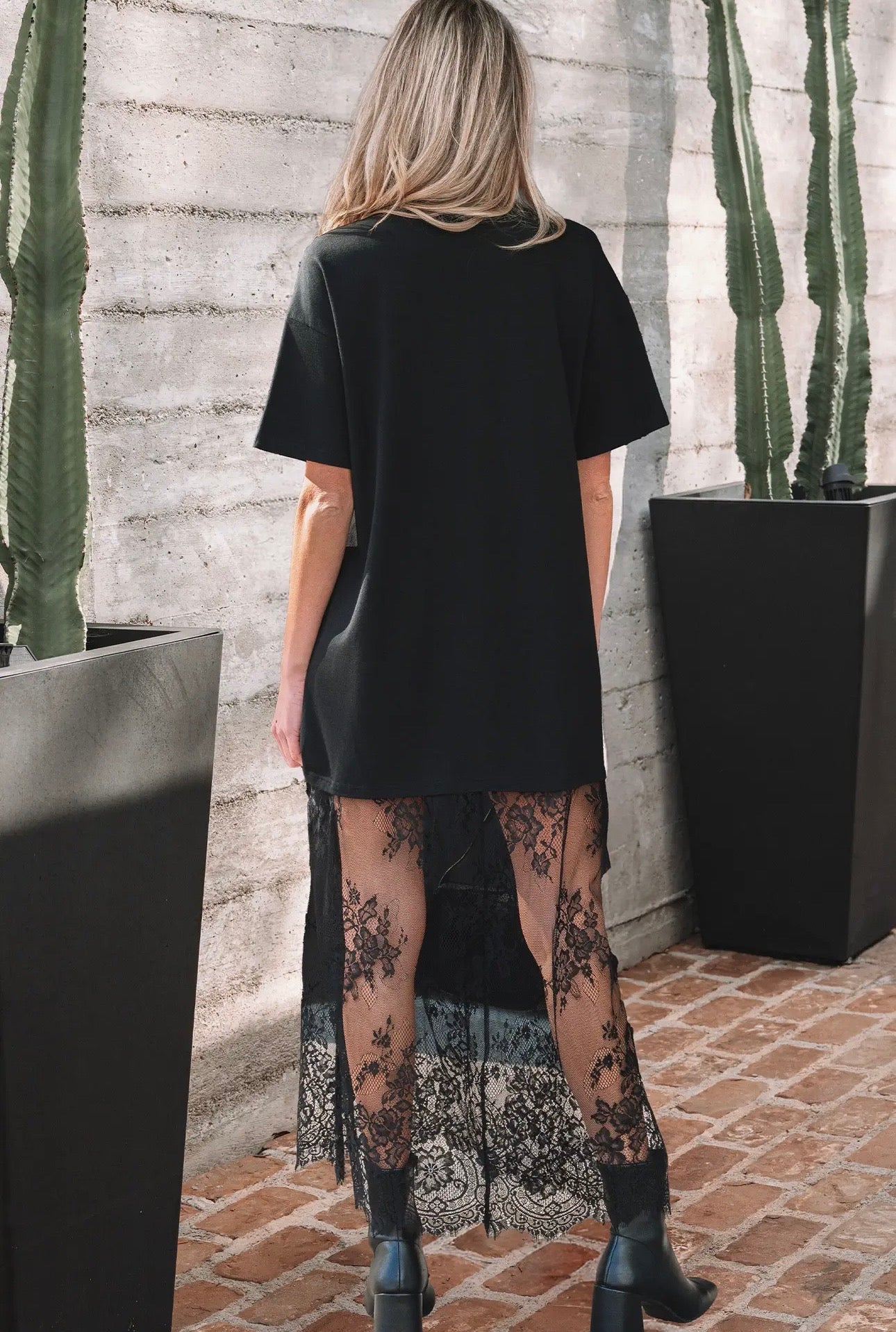 High Waist Lace Long Dress - Black