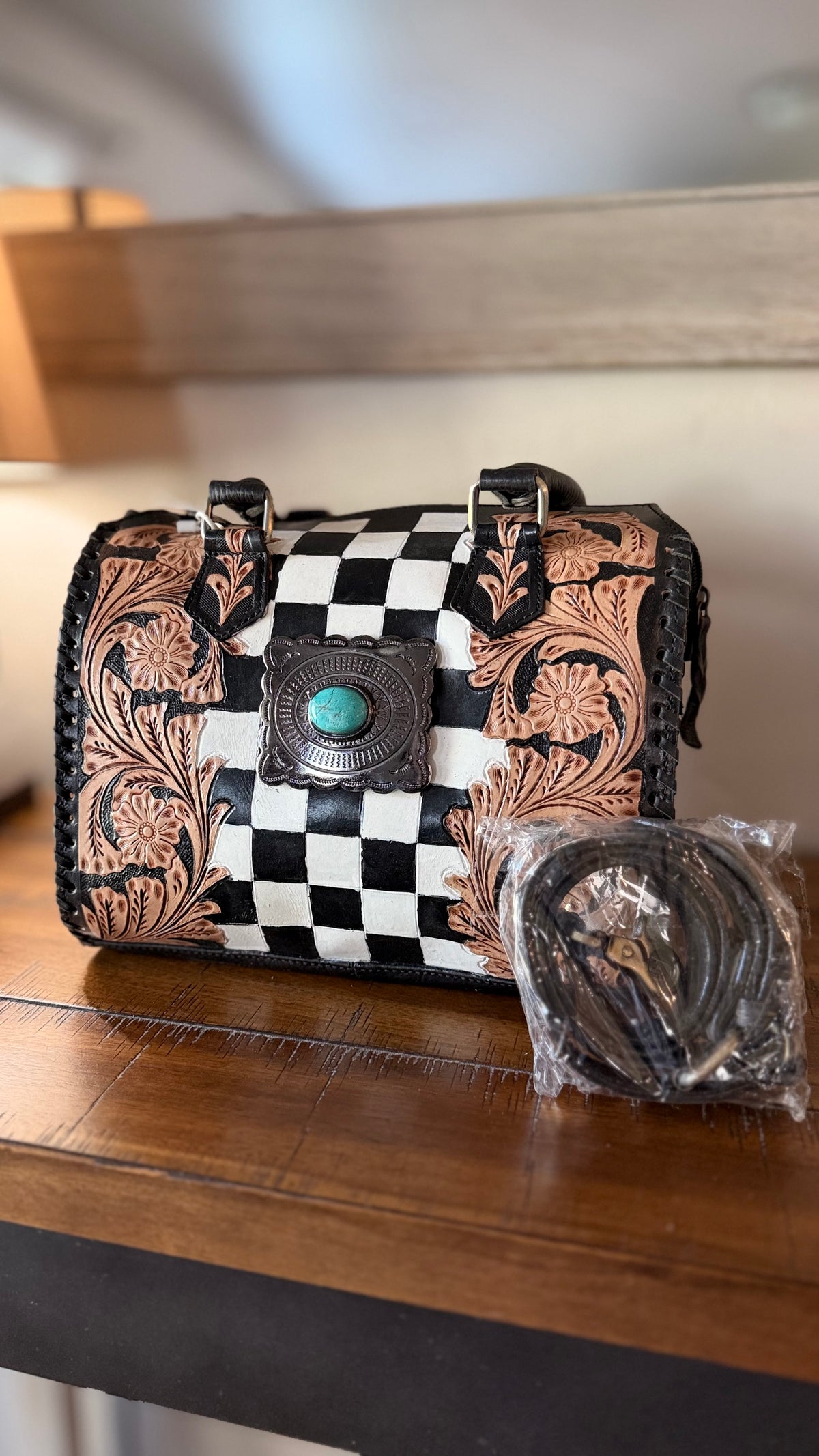 Checkered Tooled Leather Speedy Bag