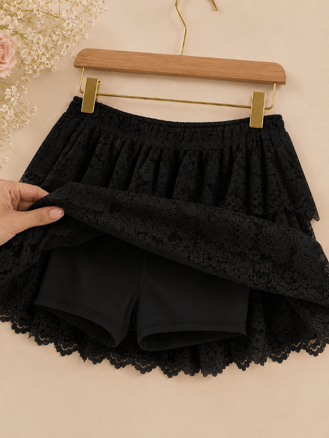 Lace Ruffle Mini Skort - Black