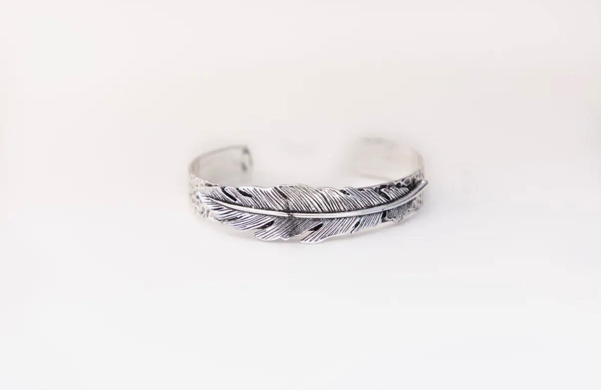18K White Gold Plated Stamped Cuff with Feather Accent