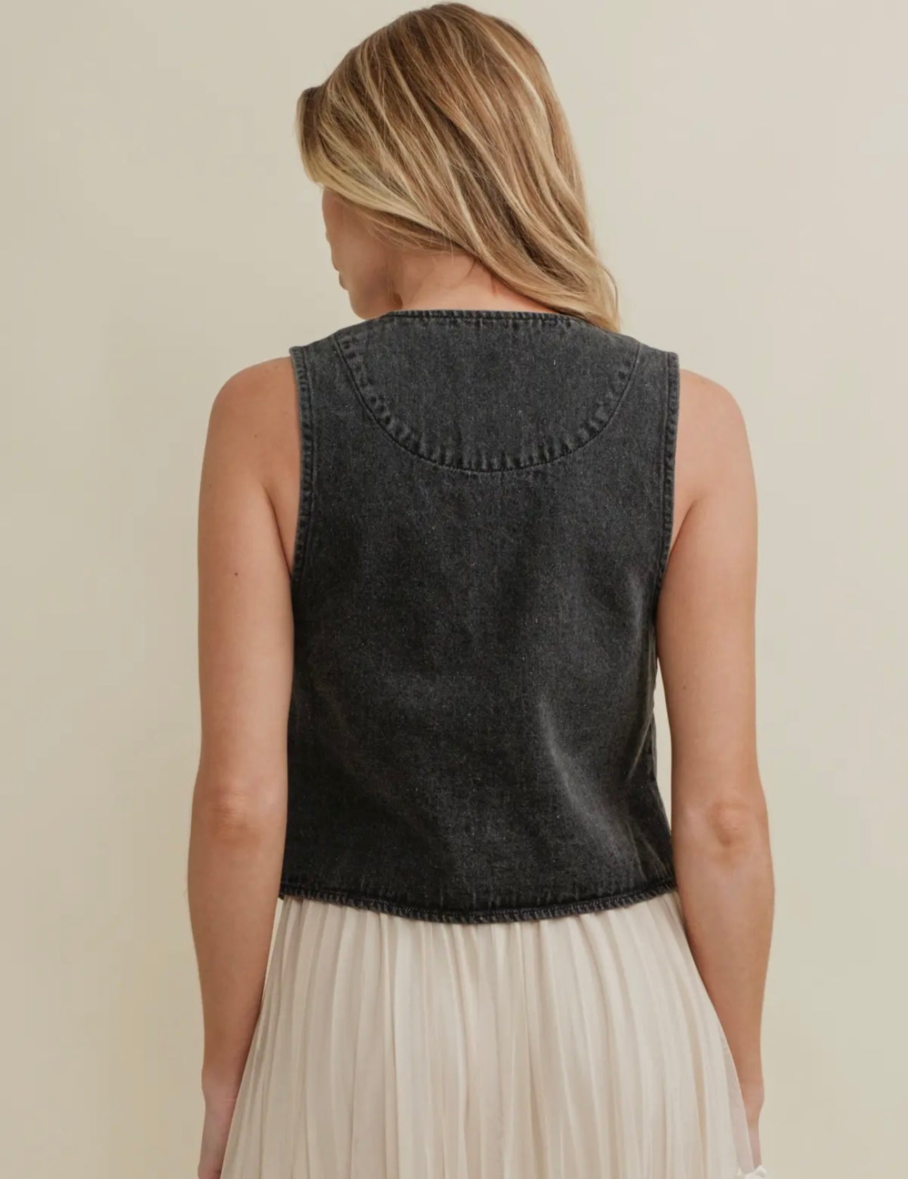 Washed Denim Vest with Front Bow Ties
