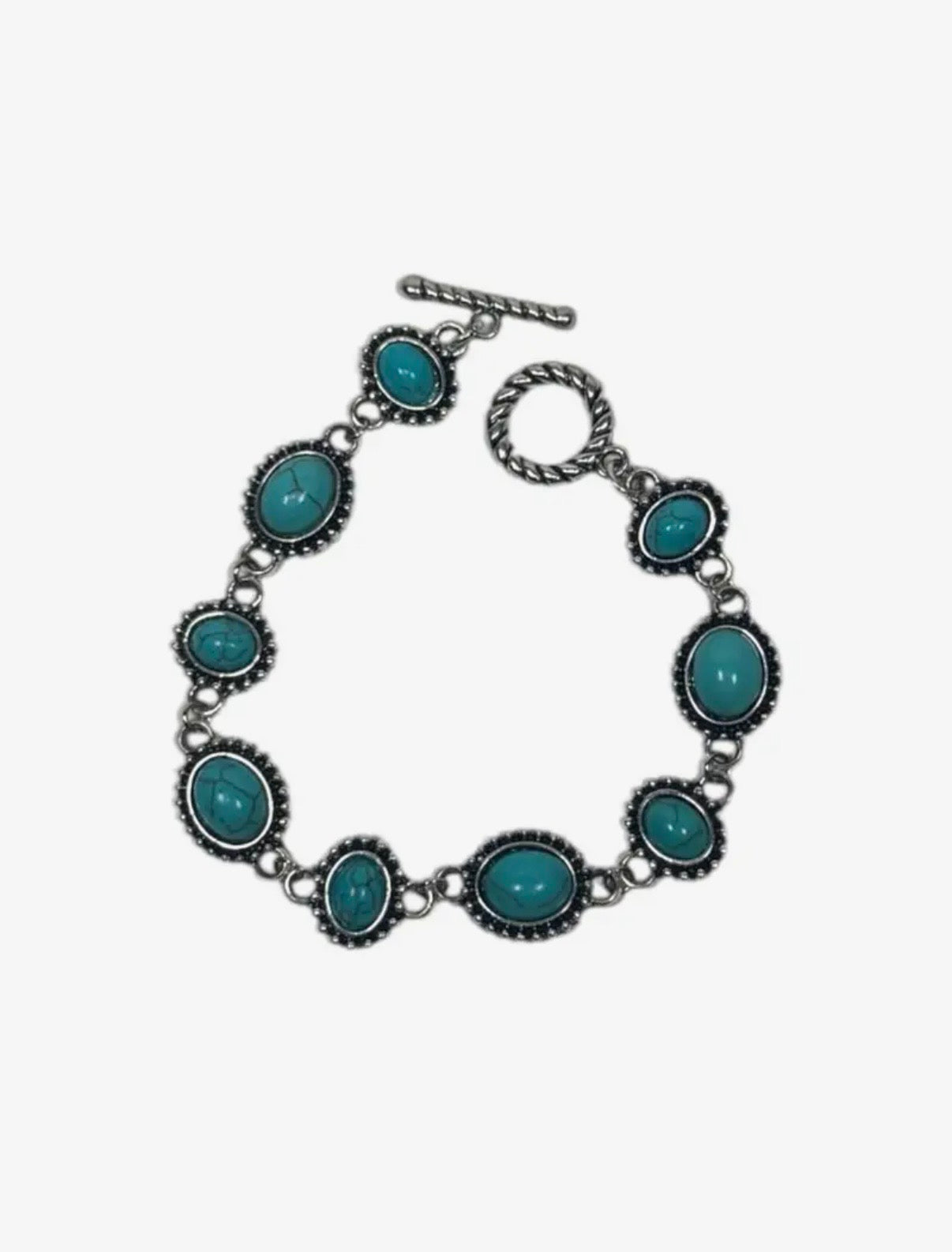 Silver & Oval Turquoise Link Bracelet w/ Toggle Clasp