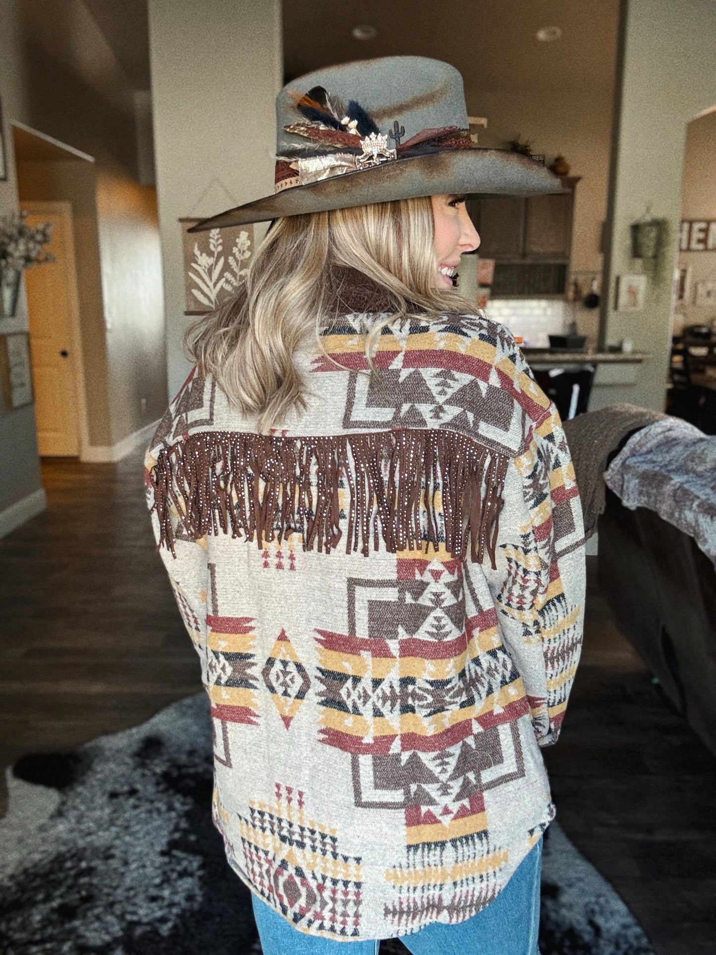 Vintage Pattern Thick Knit Fringe Shacket