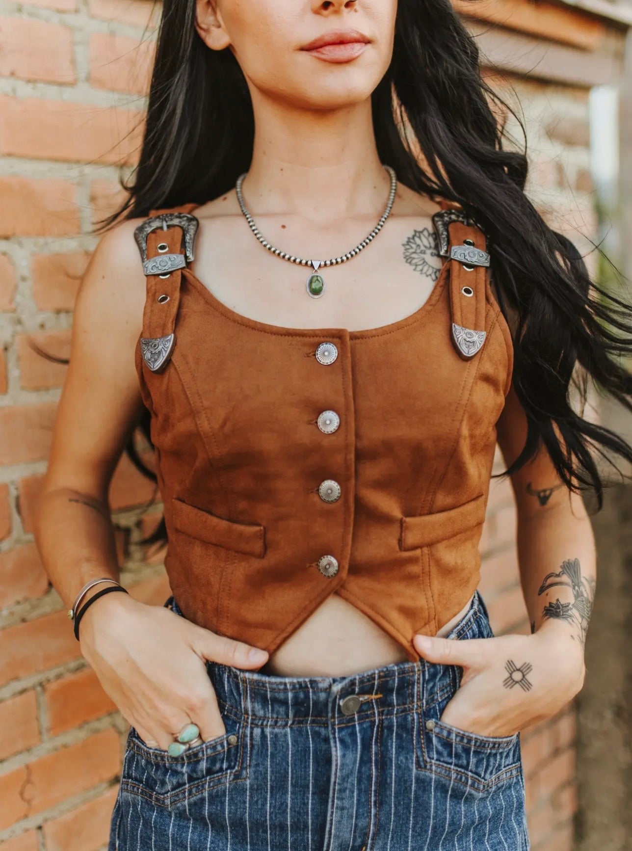 Brown Suede Buckle Strap Button Down Vest