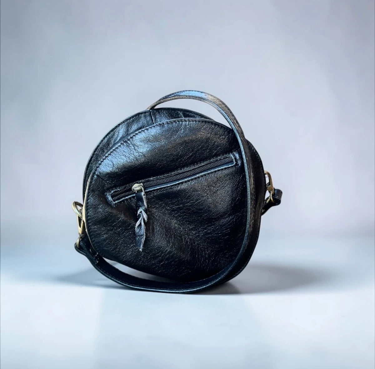 Black Cowhide & Tooled Leather Canteen Bag