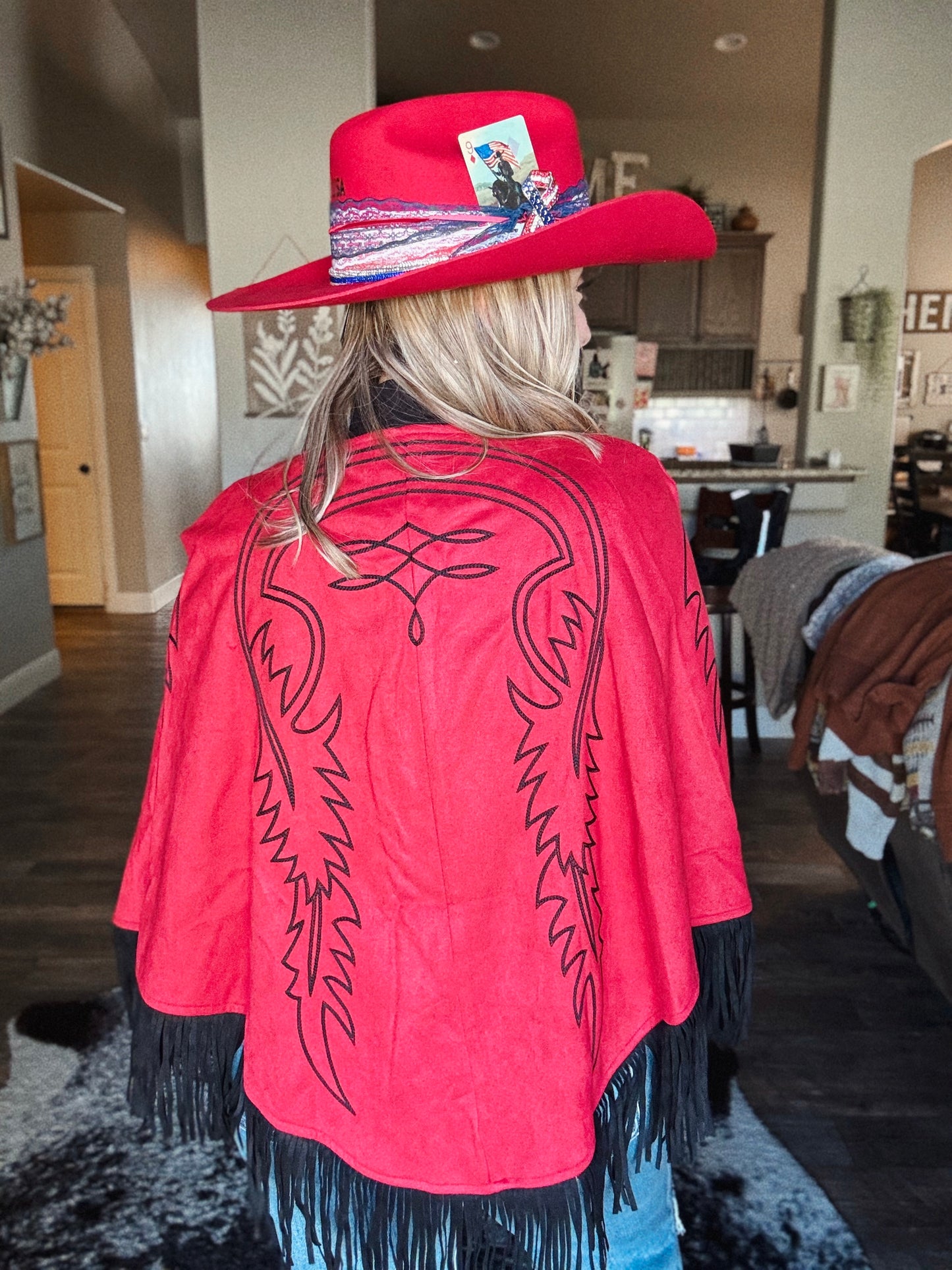 Red Suede Boot Stitch Fringe Vest