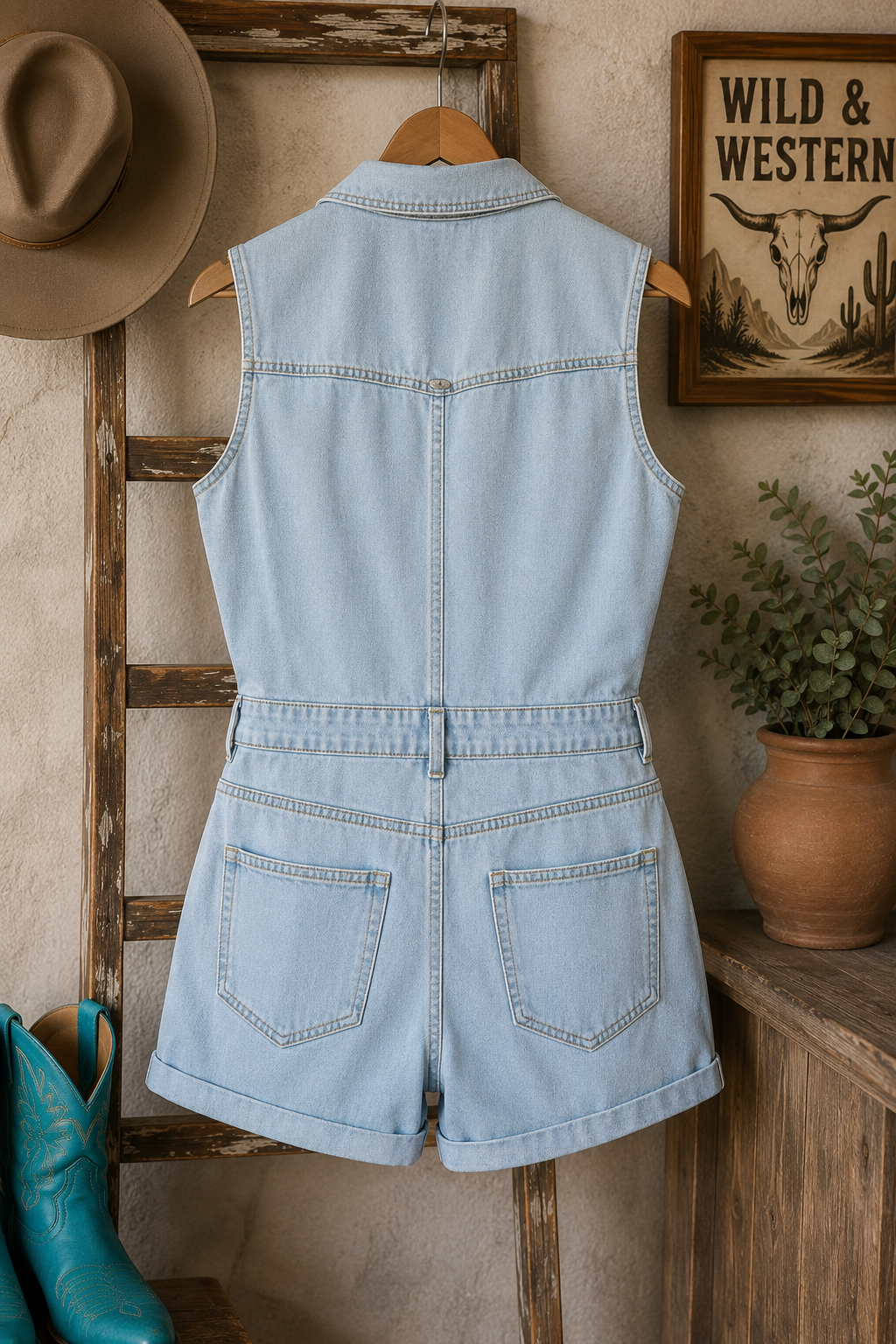 Light Wash Stretch Denim Button Down Sleeveless Romper
