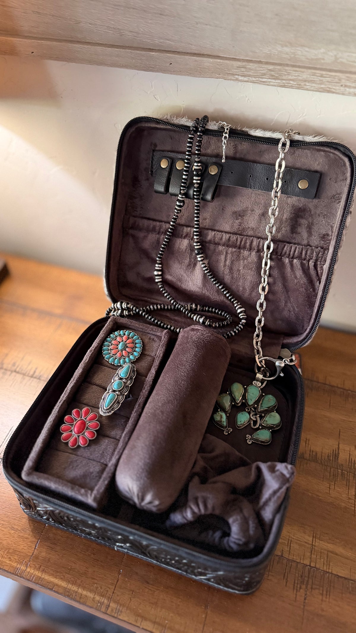 Black Tooled Leather & Cowhide Jewelry Box