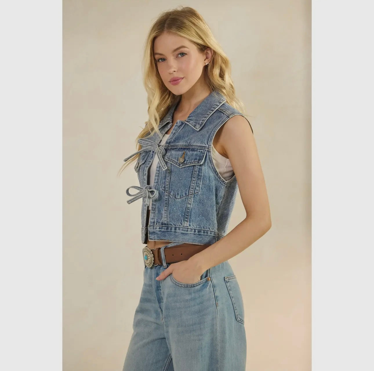 Tie Front Cropped Glitzy Vest