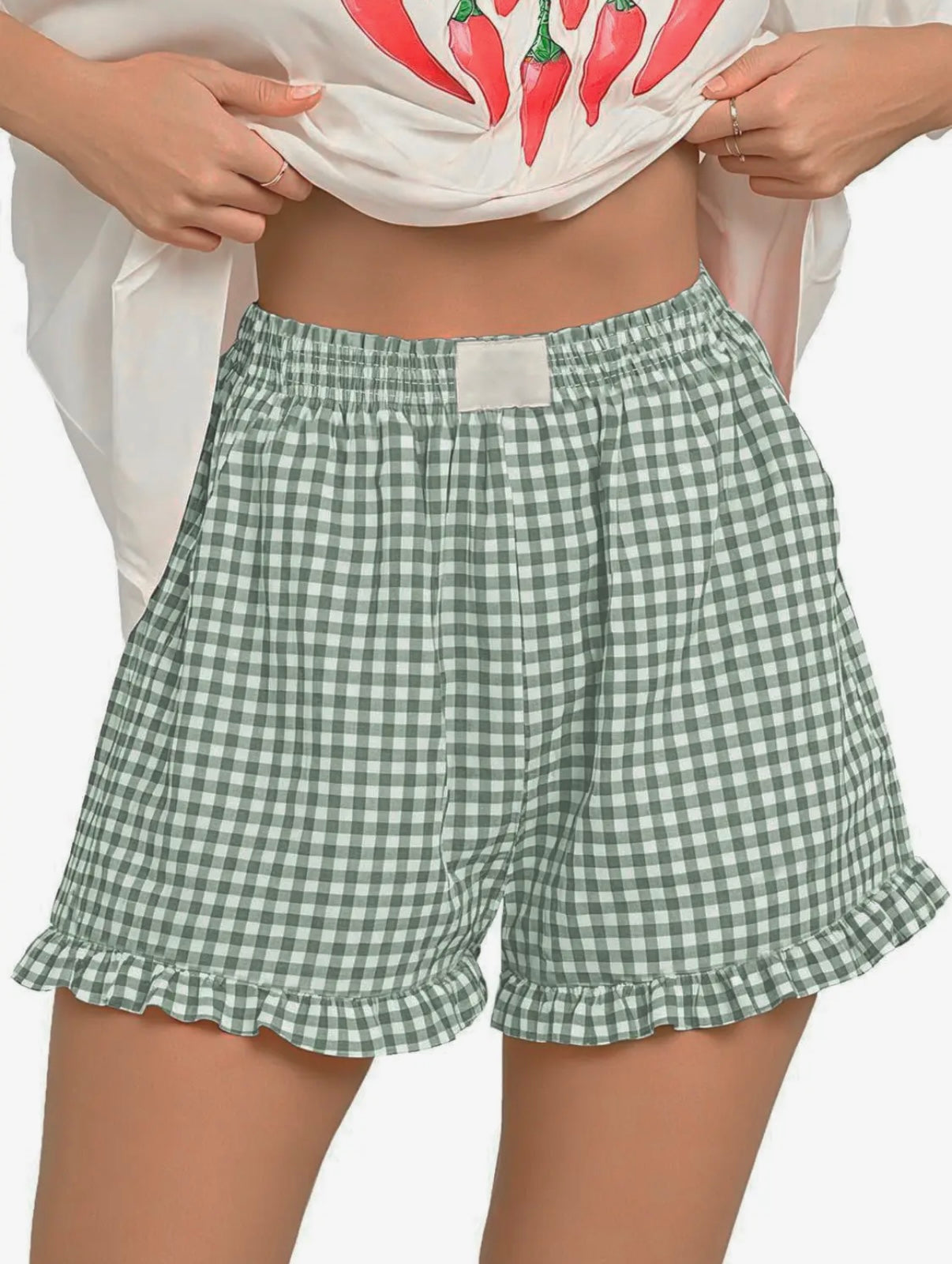 Plaid Shorts w/ Ruffle Hem - Green