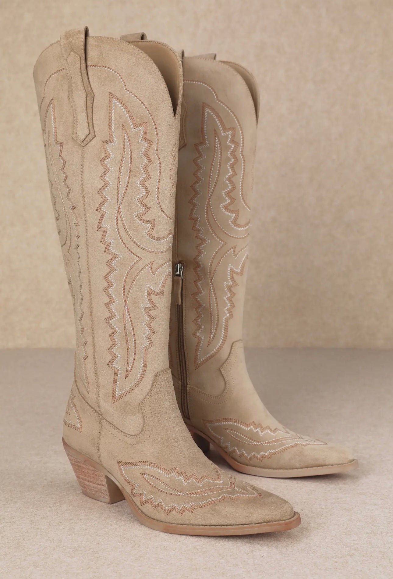 Western Embroidered Pointed Toe Boots - Apricot