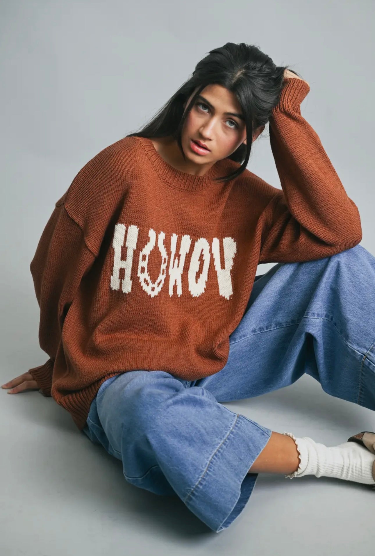 Horseshoe Howdy Knit Sweater - Brown/Cream