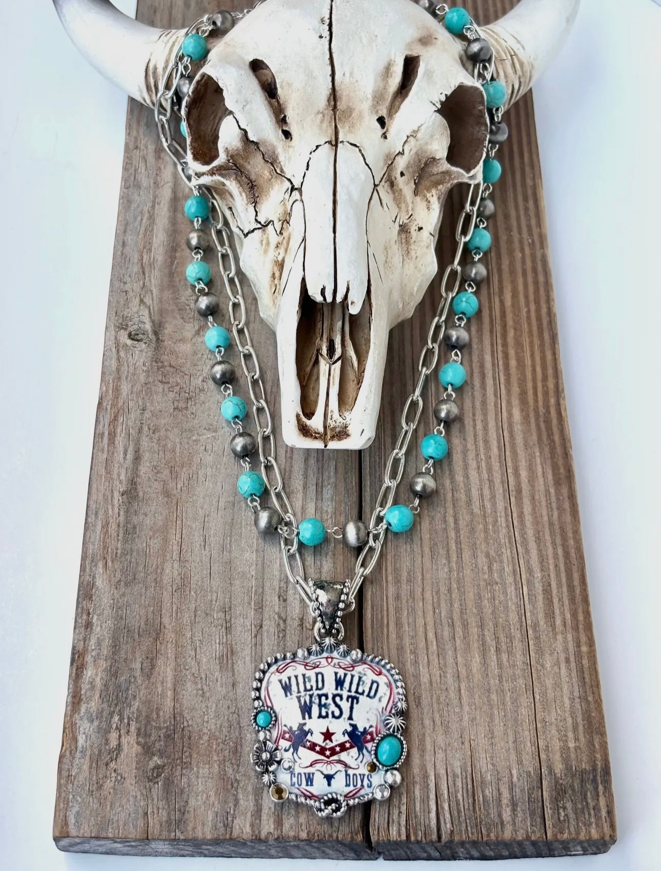 Two Layered Navajo Pearl Turquoise Stone Pendant Necklace - Wild West