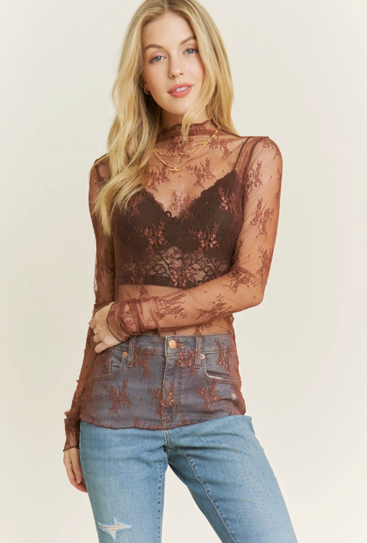 Floral Lace Mesh Top - Brown