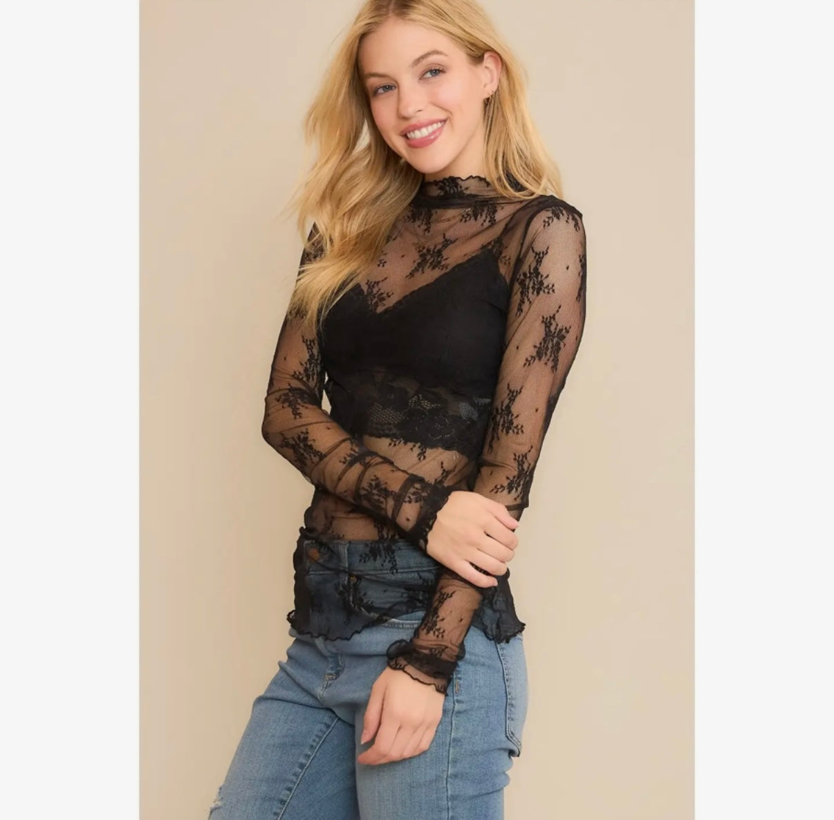 Floral Lace Mesh Top - Black