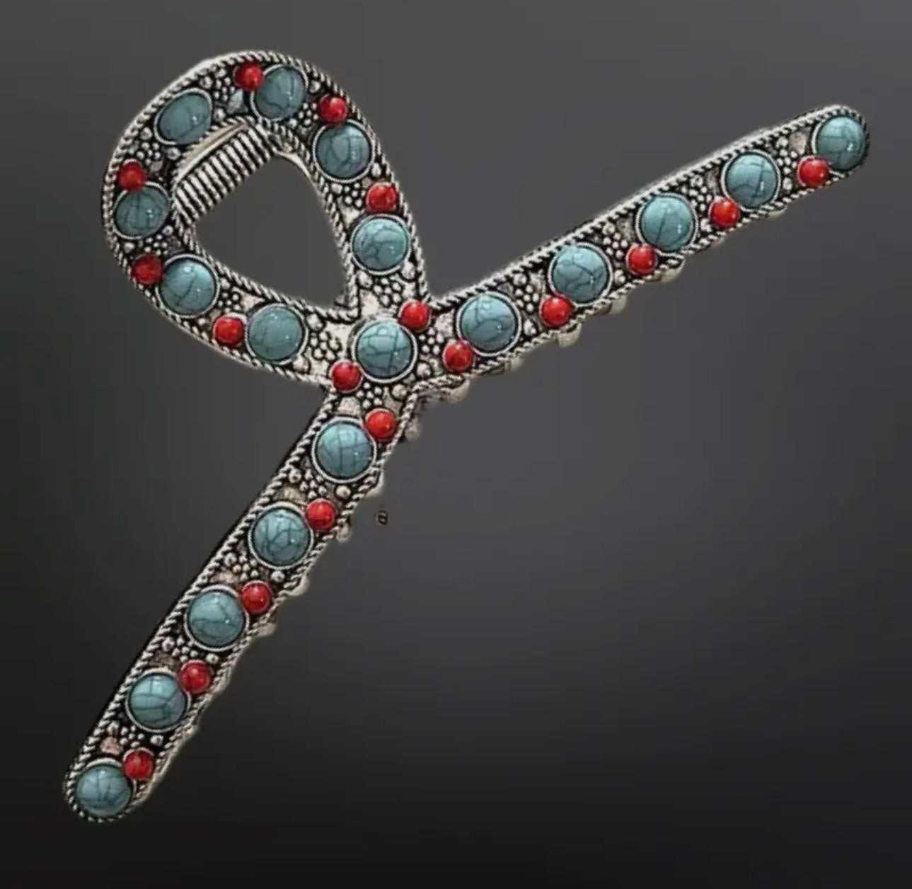 Western Turquoise Coral Claw Clip Beaded Hair Clip - Turquoise/Red