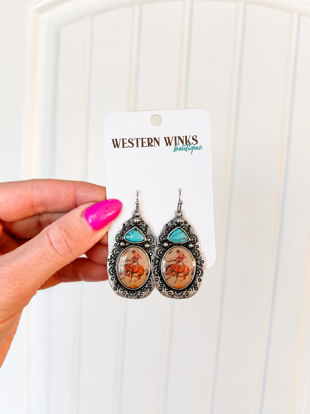 Western Print Pendant Earrings - Cowboy on a Horse