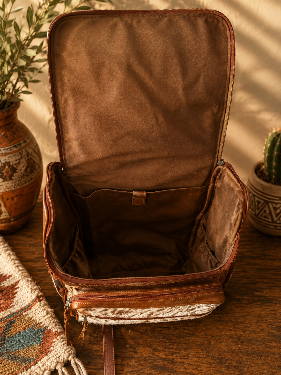 Brown Checkered Tooled Leather & Cowhide Backpack - Tan + White