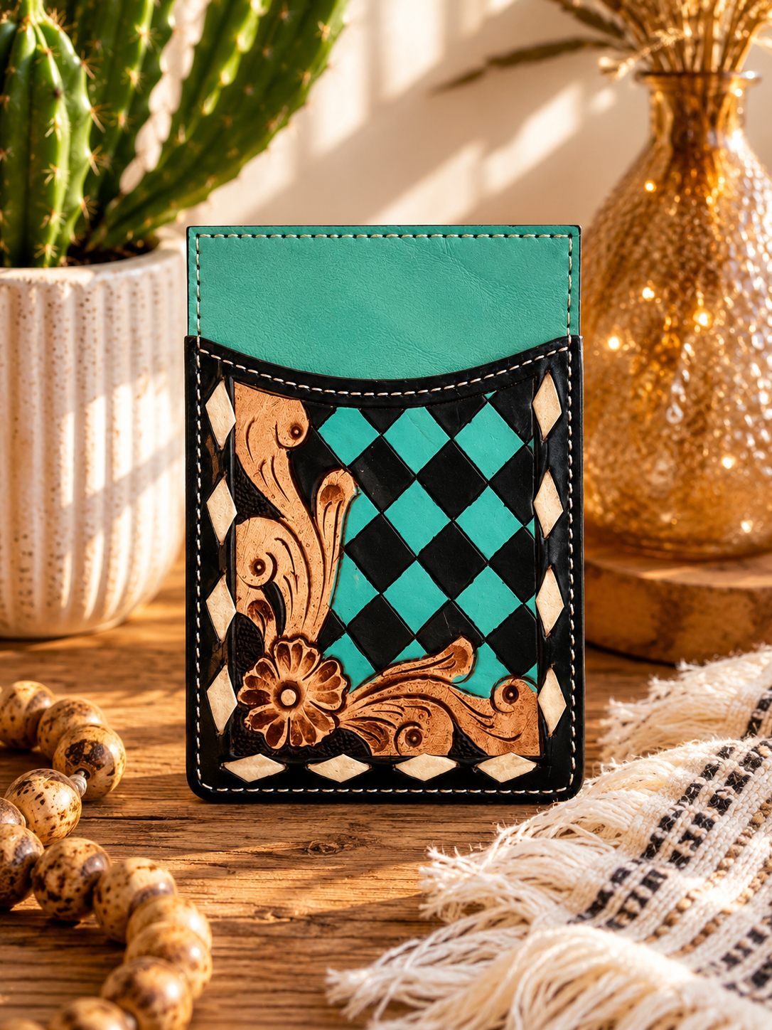 Checkered Tooled Leather Credit Card Holder - Turquoise