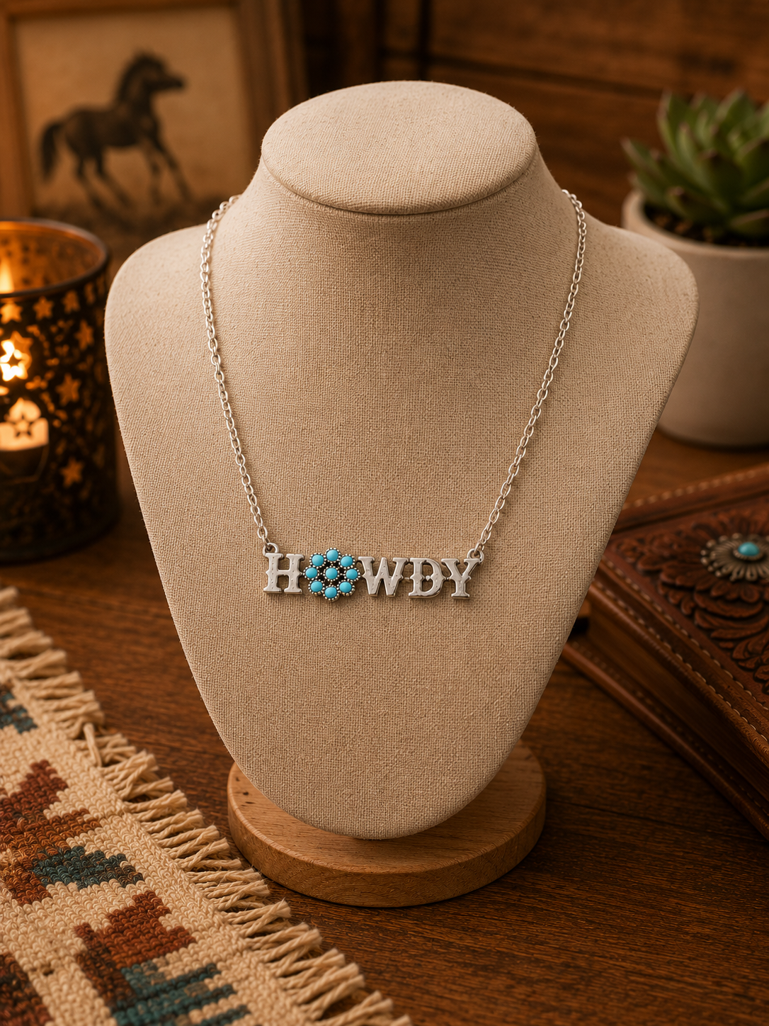 Western Turquoise Howdy Pendant Necklace