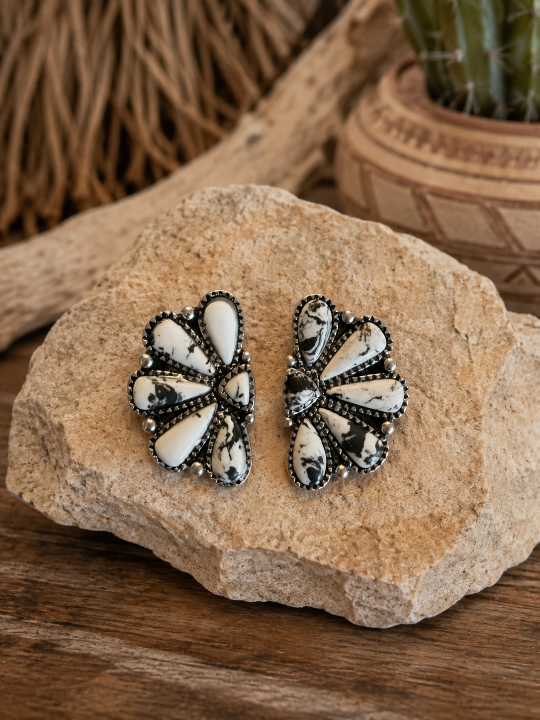 Western Squash Blossom - Stone Stud Earrings - White