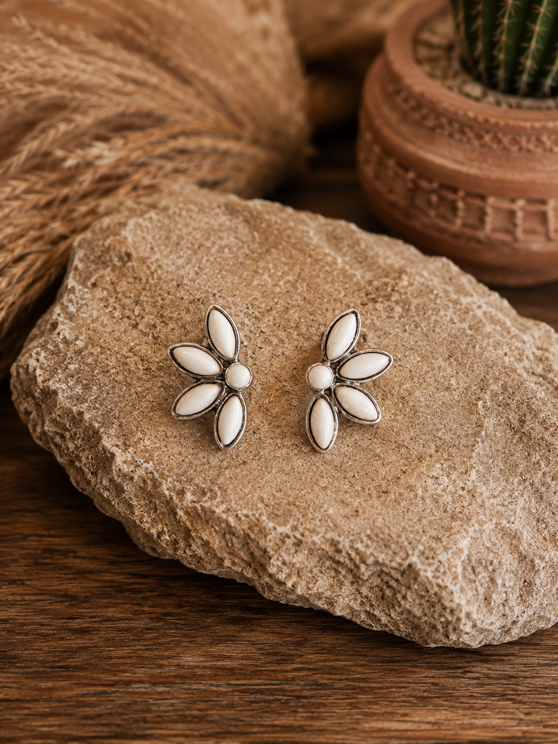 Western Style Stone Stud Earrings - White