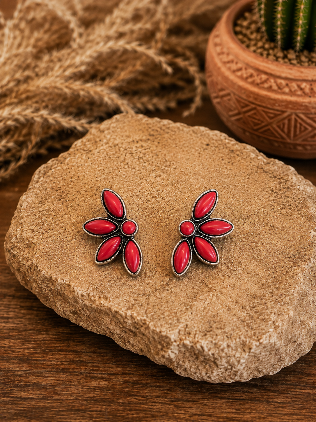Western Style Stone Stud Earrings - Red