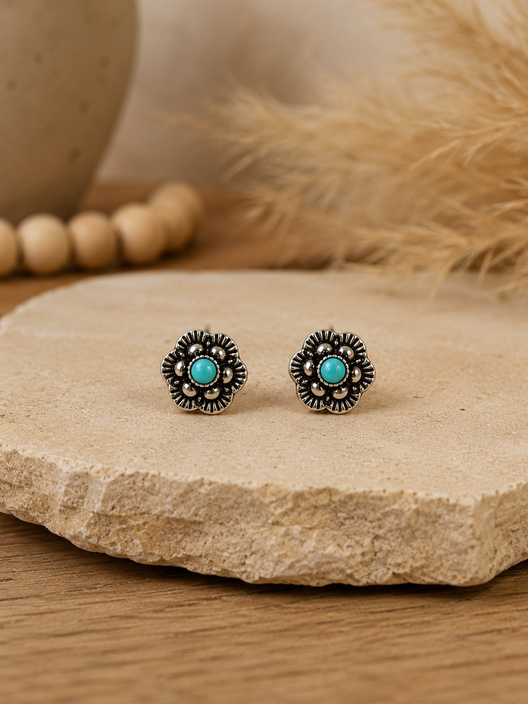 Turquoise Silver Bloom Stud Earrings