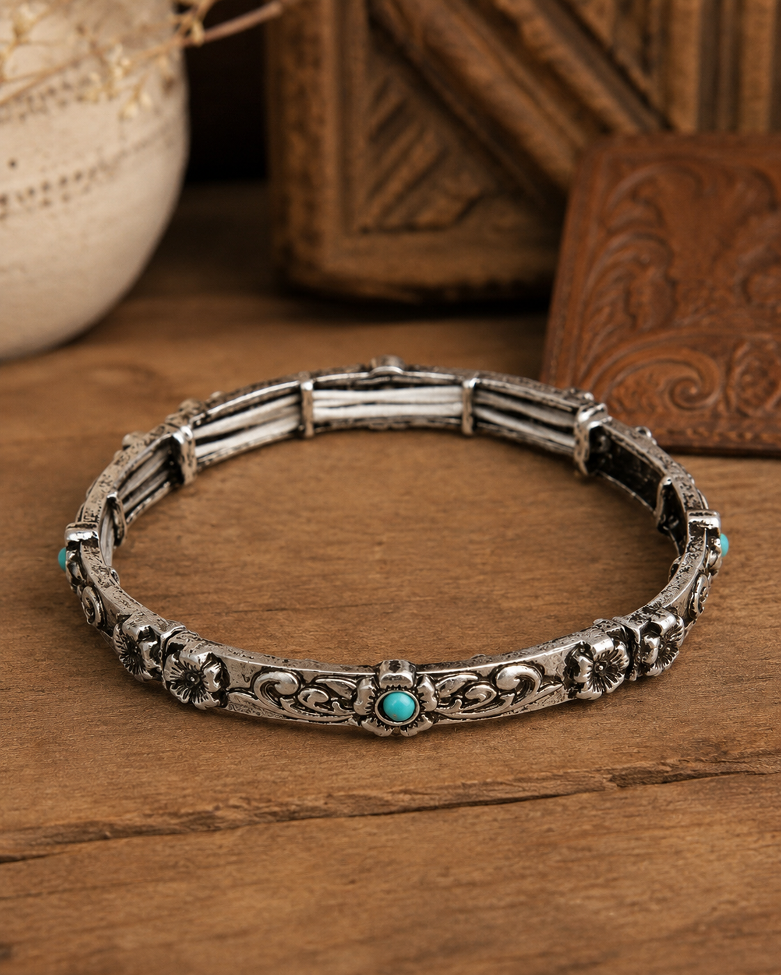 Western Floral Scroll Turquoise Bangle Stretch Bracelet