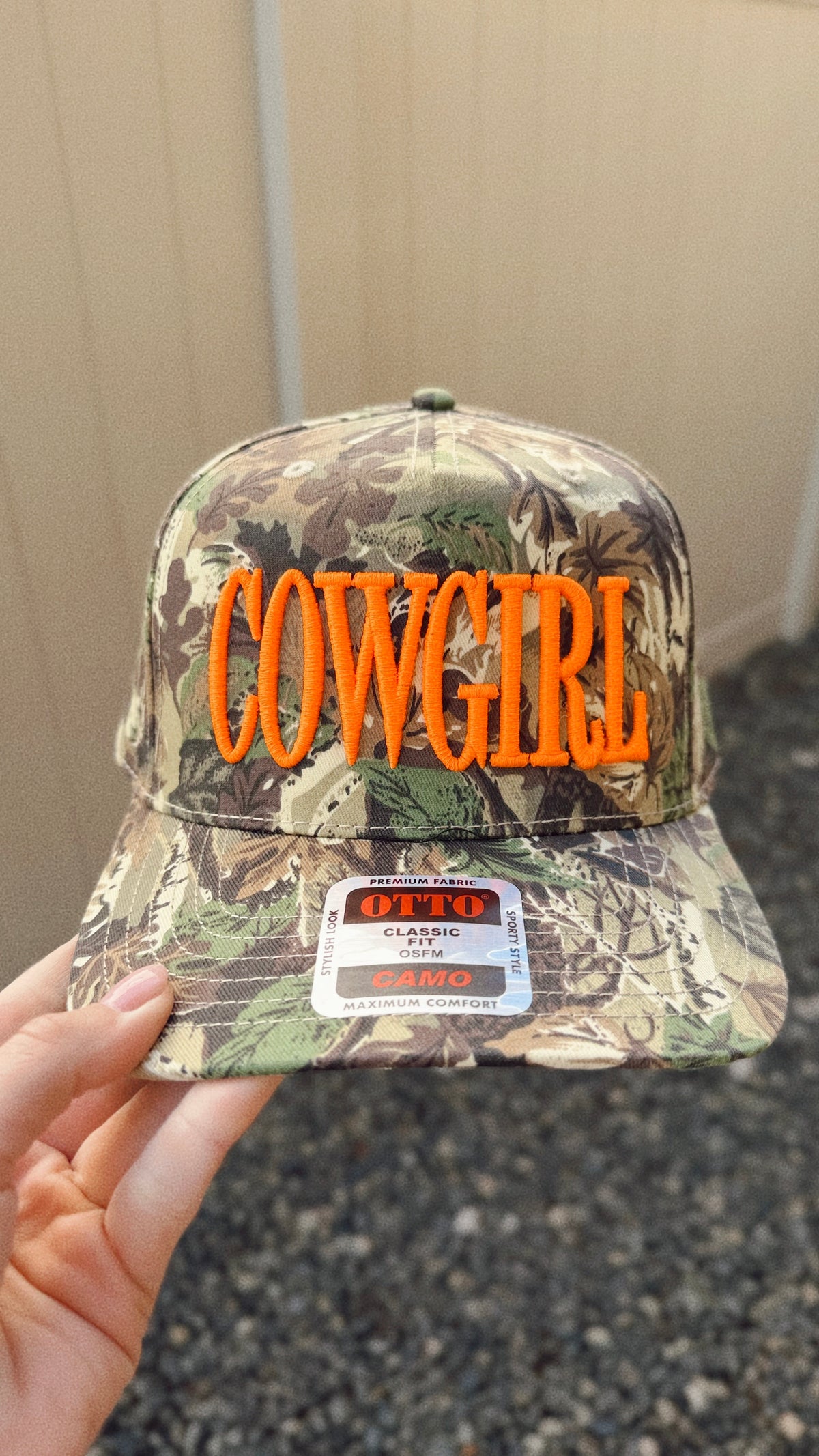 Camo Neon Cowgirl Embroidered Trucker Hat