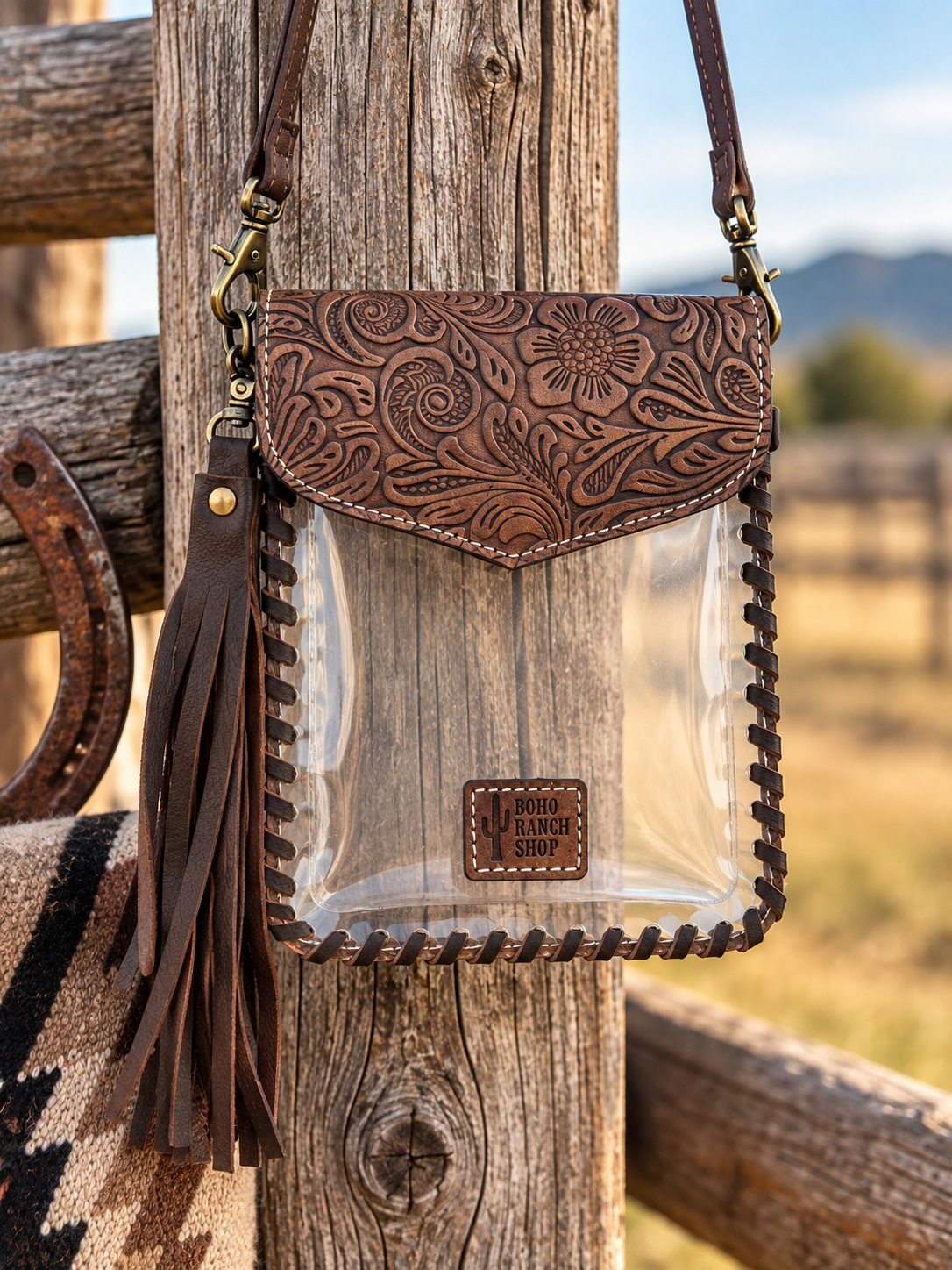Phone Clear Crossbody Western Tooled Leather Mobile Purse - Brown