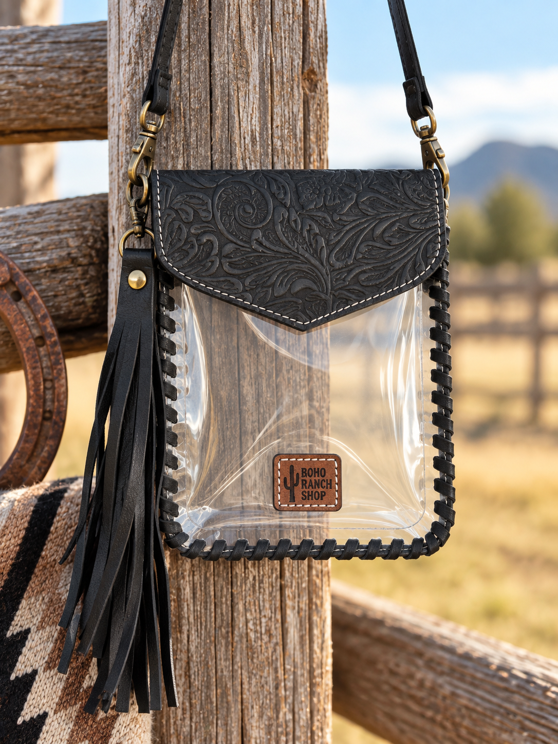 Phone Clear Crossbody Western Tooled Leather Mobile Purse - Black