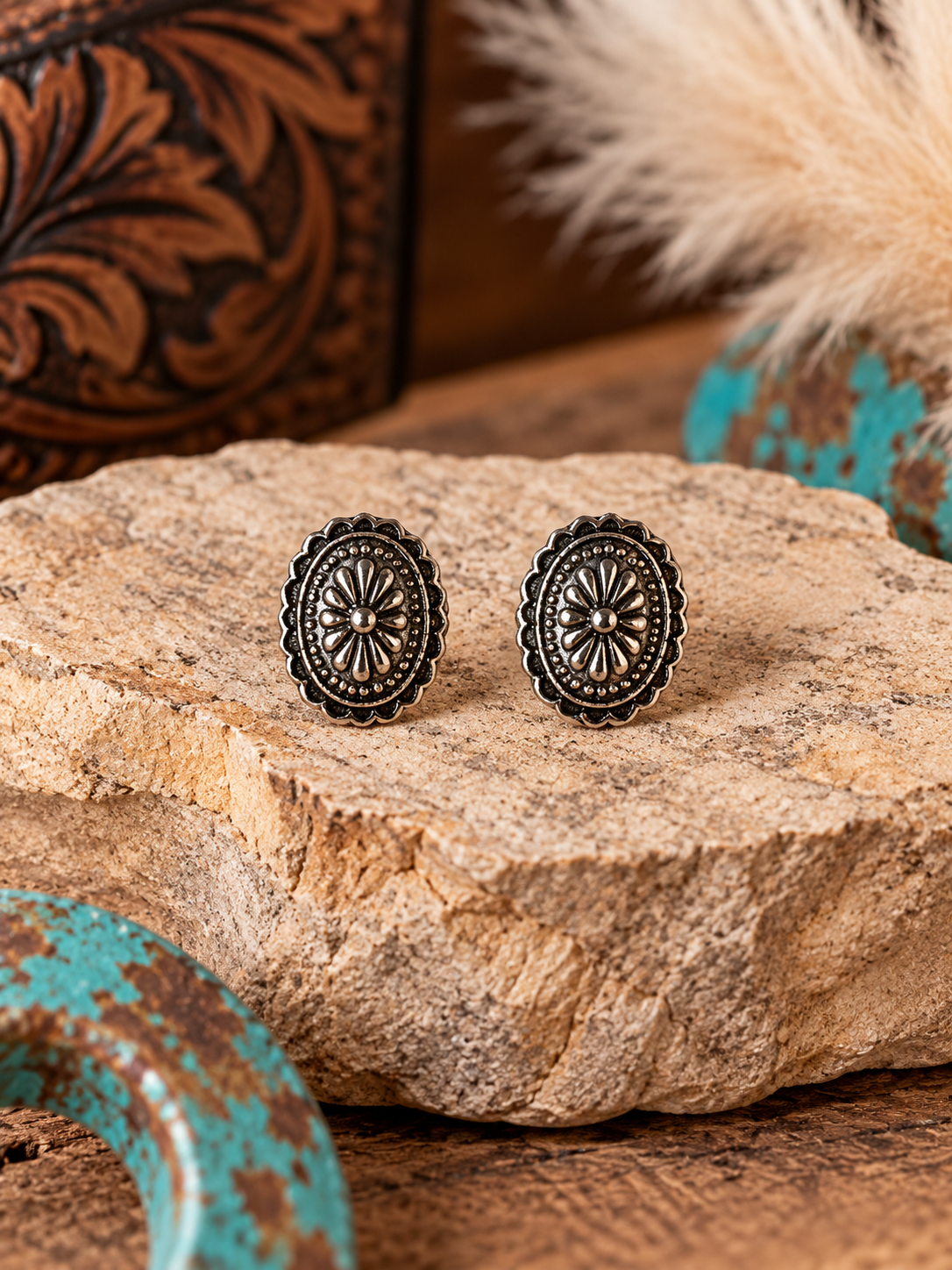 Western Silver Oval Floral Concho Stud Earrings