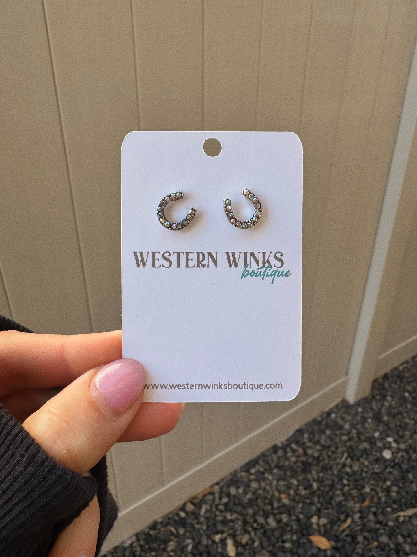 Dainty Western Style Horseshoe with Rhinestone Earrings - Silver