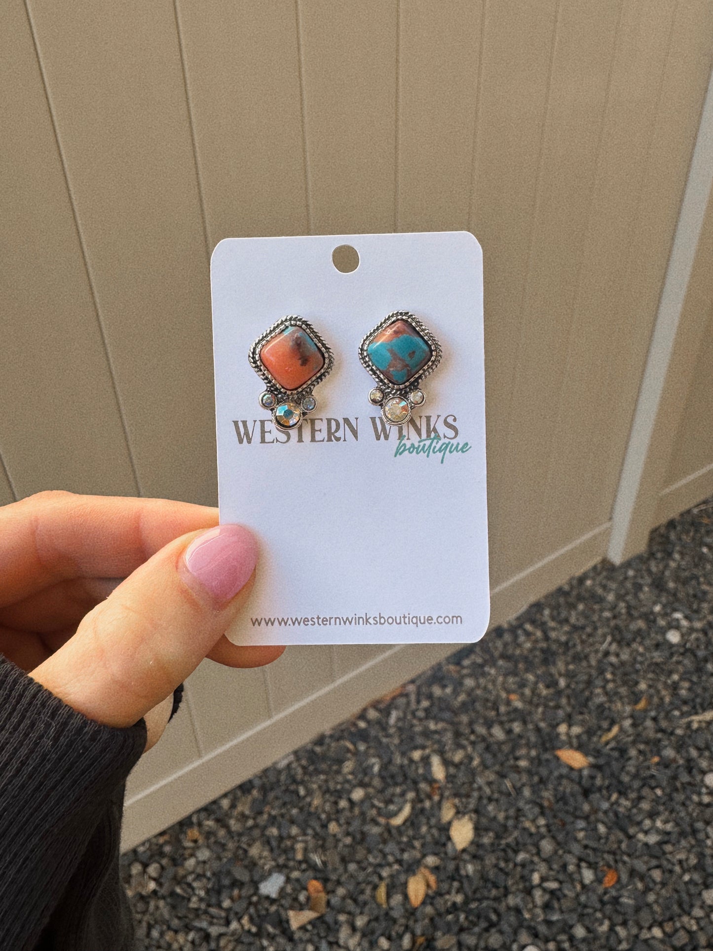 Western Diamond Shape Stone Stud Earrings - Turquoise/Brown