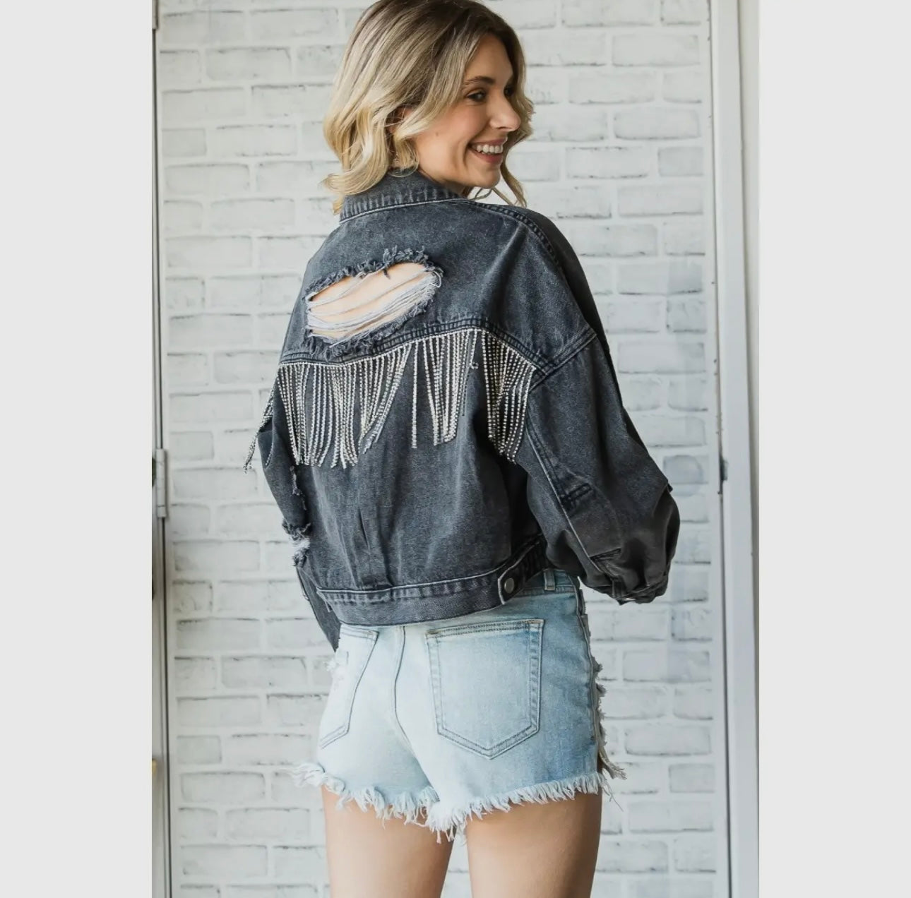 Silver Fringe Distressed Denim Jacket