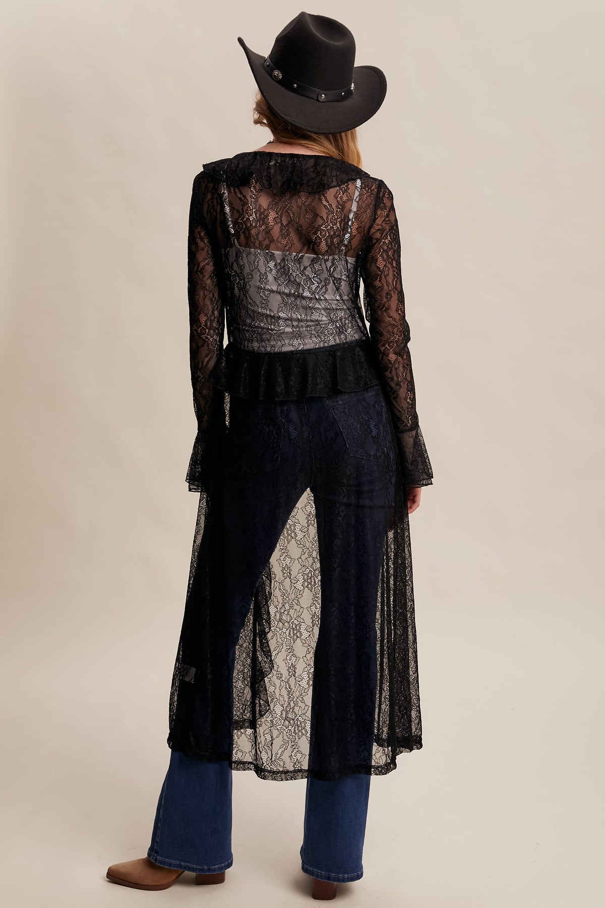 Sheer Lace Ruffle Duster - Black