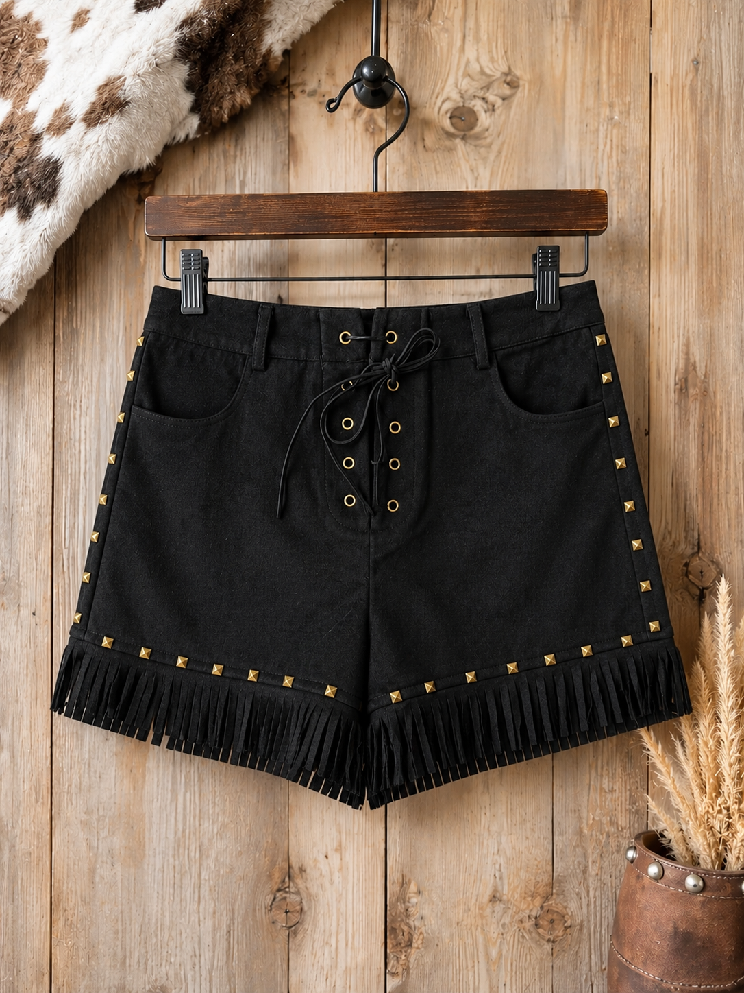 Suede Fringe Hem Vintage Gold Studded Shorts - Black