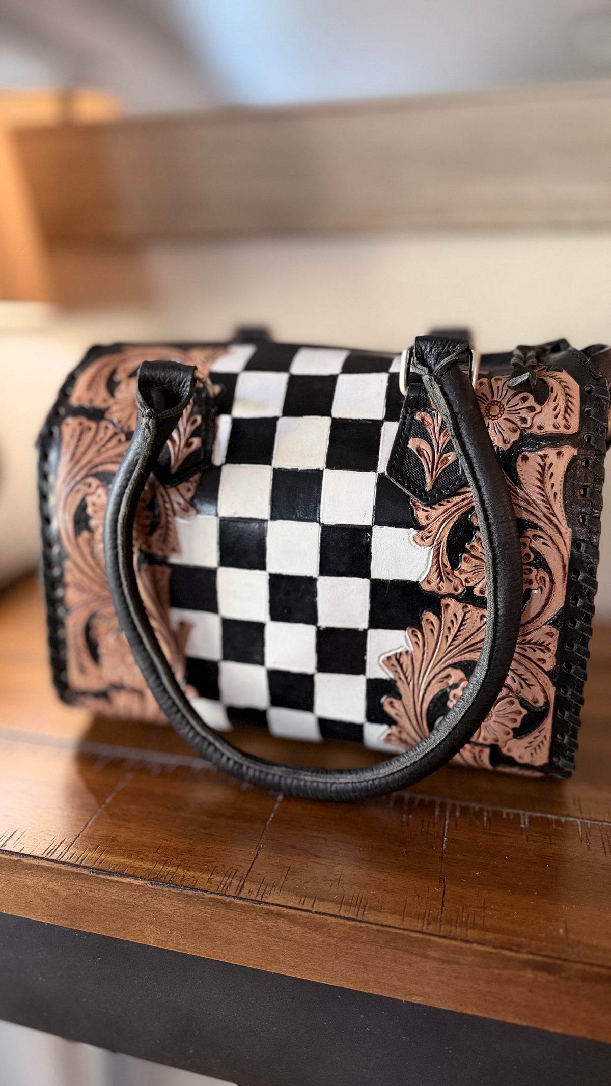 Checkered Tooled Leather Speedy Bag