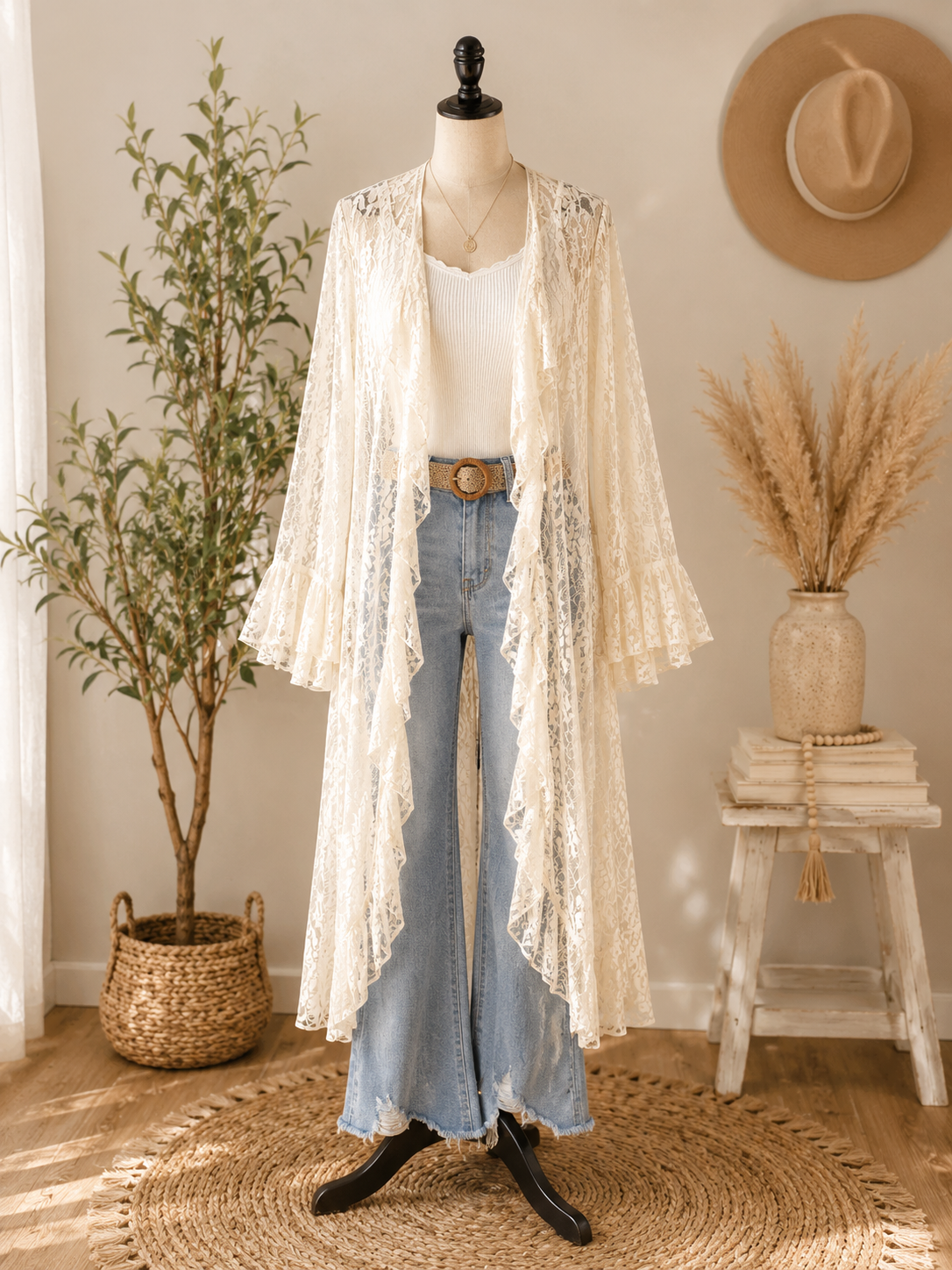 Ruffle Vintage Front Tie Duster - White