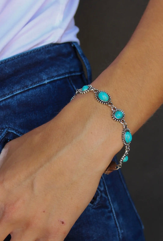 Silver & Oval Turquoise Link Bracelet w/ Toggle Clasp