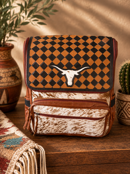 Brown Checkered Tooled Leather & Cowhide Backpack - Tan + White