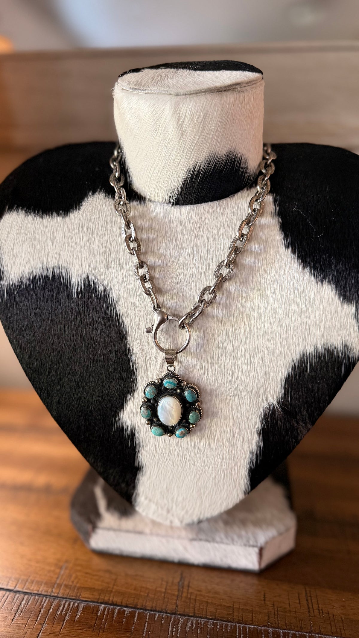 Genuine Turquoise & Mother of Pearl Tibetan Pendant Chain Necklace