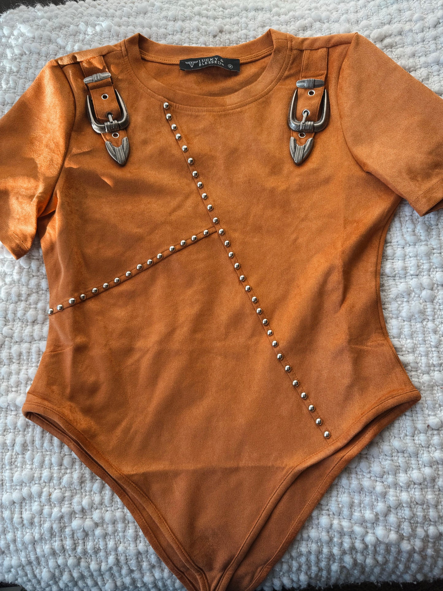 Studded Western Buckle Bodysuit - Camel