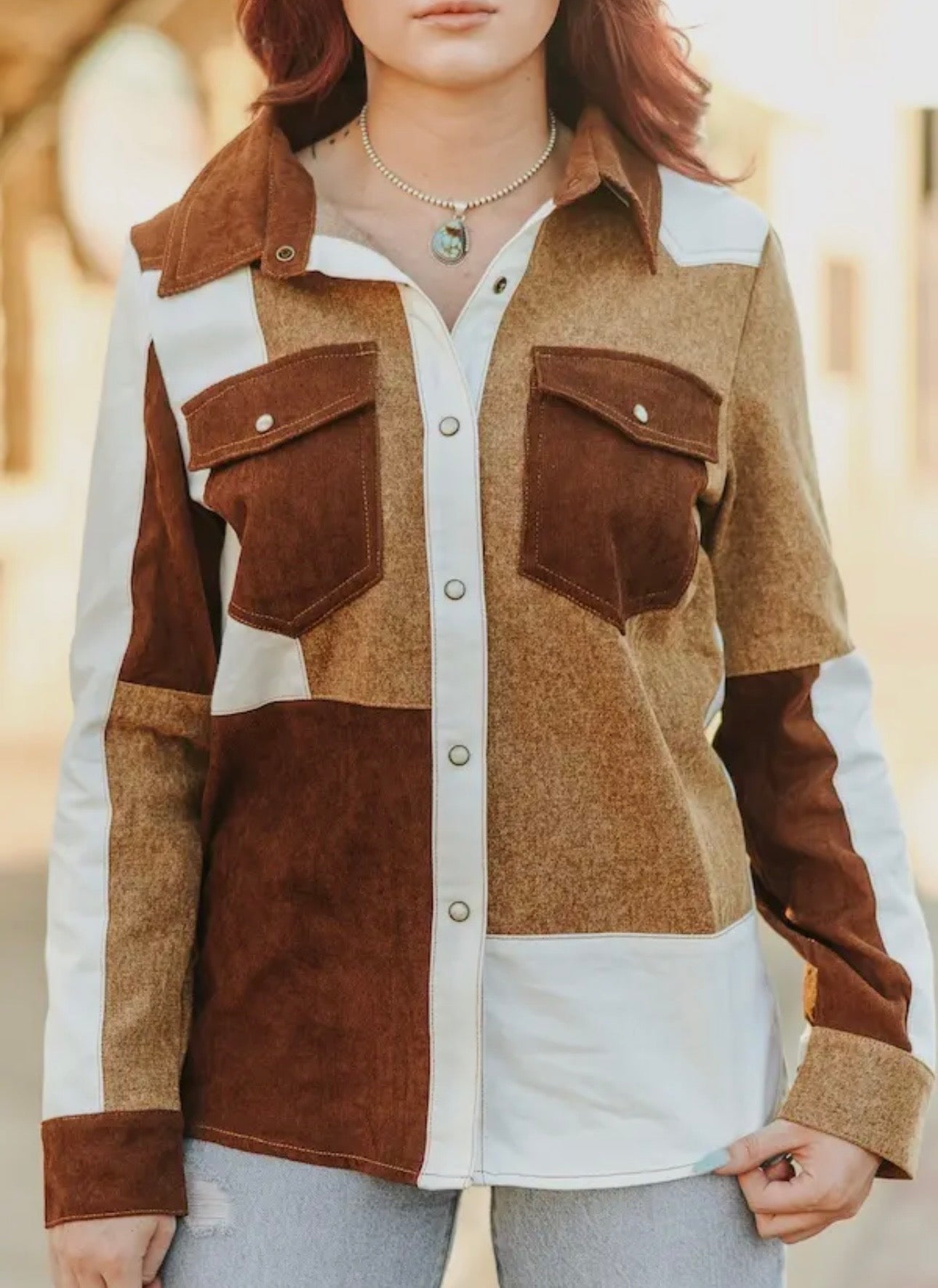 Multi Fabric Patchwork Denim Pearl Snap Western Shirt