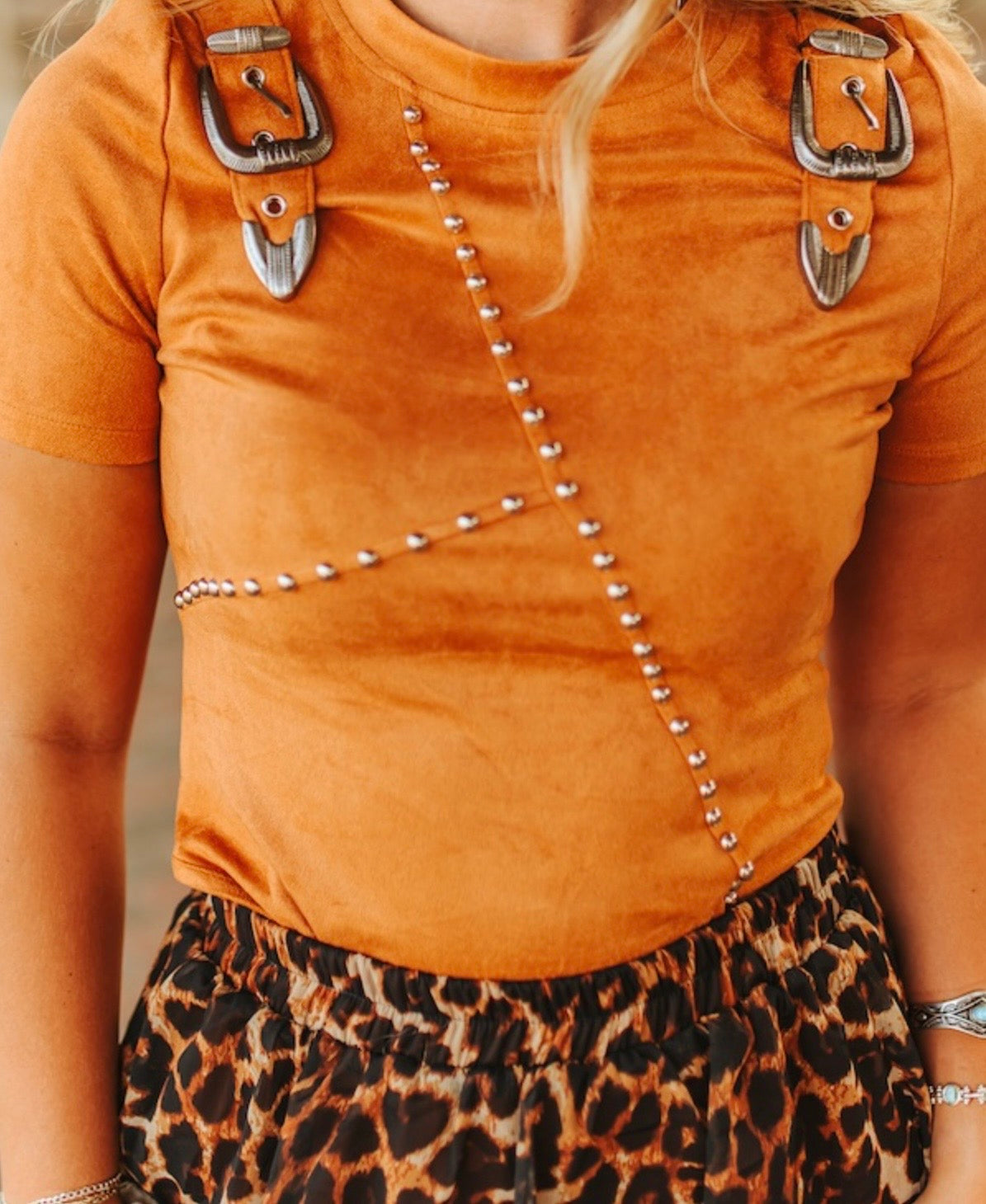 Studded Western Buckle Bodysuit - Camel